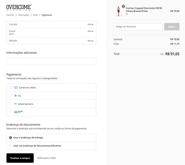 Captura de tela mostra o checkout transparente no site da Overcome.