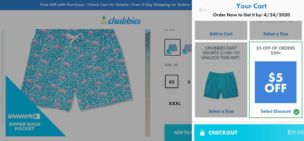 Carrinho da Chubbies com desconto adicionado