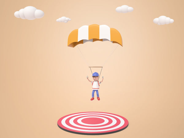 Ilustração de homem caindo de paraquedas em alvo, representando a buyer persona de clubes de assinatura
