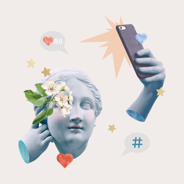 Colagem mostra uma estátua grega segurando um celular e tirando uma selfie. Há símbolos de curtidas e hashtags ao redor da imagem.
