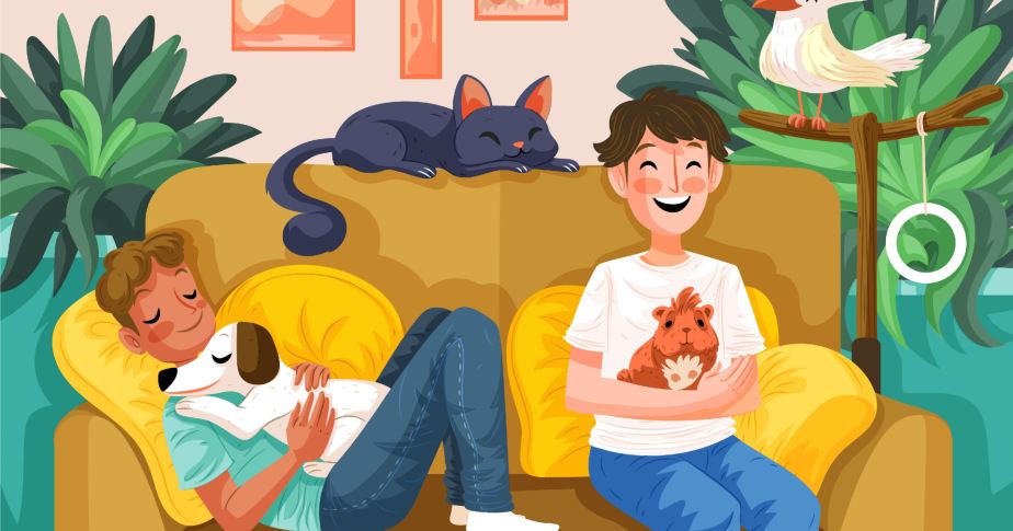 Ilustração de duas pessoas em um sofá com pets. Artigo: Como abrir um pet shop online.