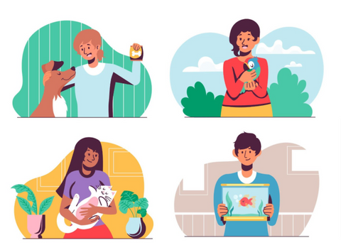 Ilustração de quatro pessoas, cada uma com um pet, representando os muitos nichos ao considerar como abrir um pet shop online ou ecommerce pet