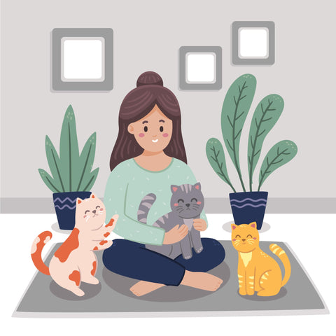 Ilustração de mulher sentada no chão com pets, representando pet-sitting. Ao avaliar como abrir um pet shop online ou ecommerce pet, lembre-se das avaliações dos clientes!