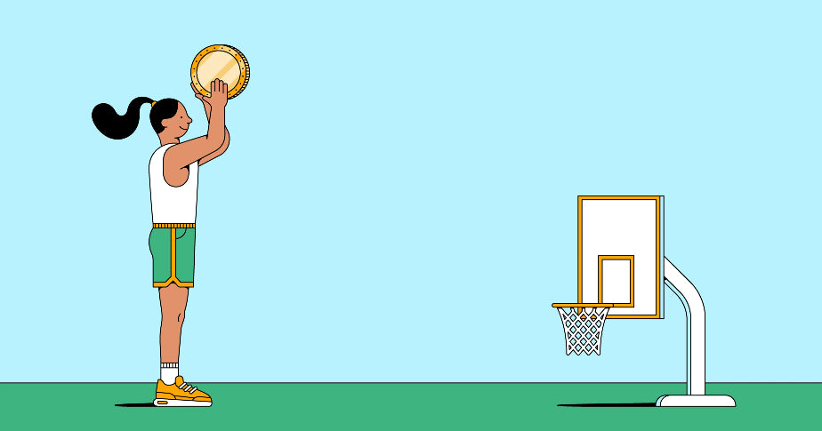 Ilustração de mulher jogando basquete com uma moeda em uma cesta pequena, representando a ideia de como empreender com pouco dinheiro