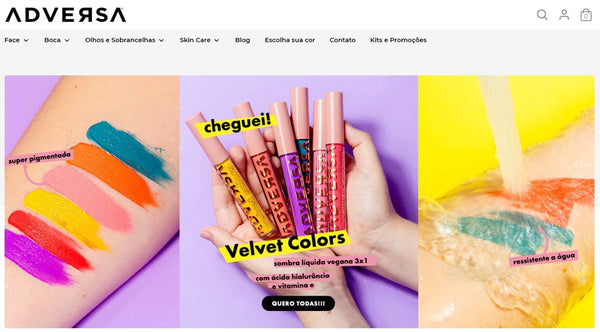 Captura de tela da marca Adversa, representando a venda de produtos de beleza, um exemplo de como empreender com pouco dinheiro
