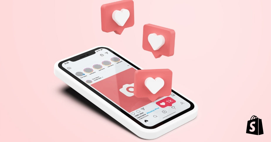 Ilustração de aparelho celular em fundo rosa com diversos símbolos de curtida, representando a ideia de como ganhar seguidores no Instagram