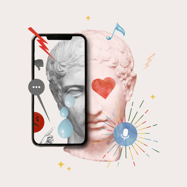 Colagem mostra uma estátua grega com um celular cobrindo o lado esquerdo do rosto. Na tela do celular, vê-se a outra metade do rosto da estátua, com ícones de descurtida. Do lado direito, o olho da estátua está coberto por um coração vermelho.