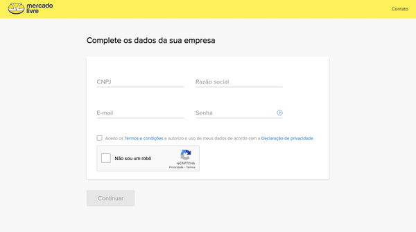 Captura de tela mostra formulário de cadastro de vendedor no Mercado Livre como pessoa jurídica. No formulário, tem os campos CNPJ, razão social, e-mail e senha. 