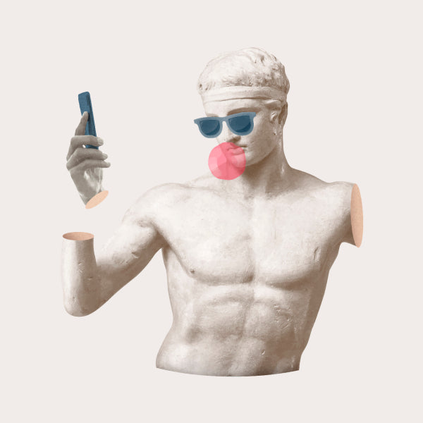 Colagem mostra uma estátua grega segurando um celular diante do rosto, usando óculos escuros e fazendo bola com chiclete.