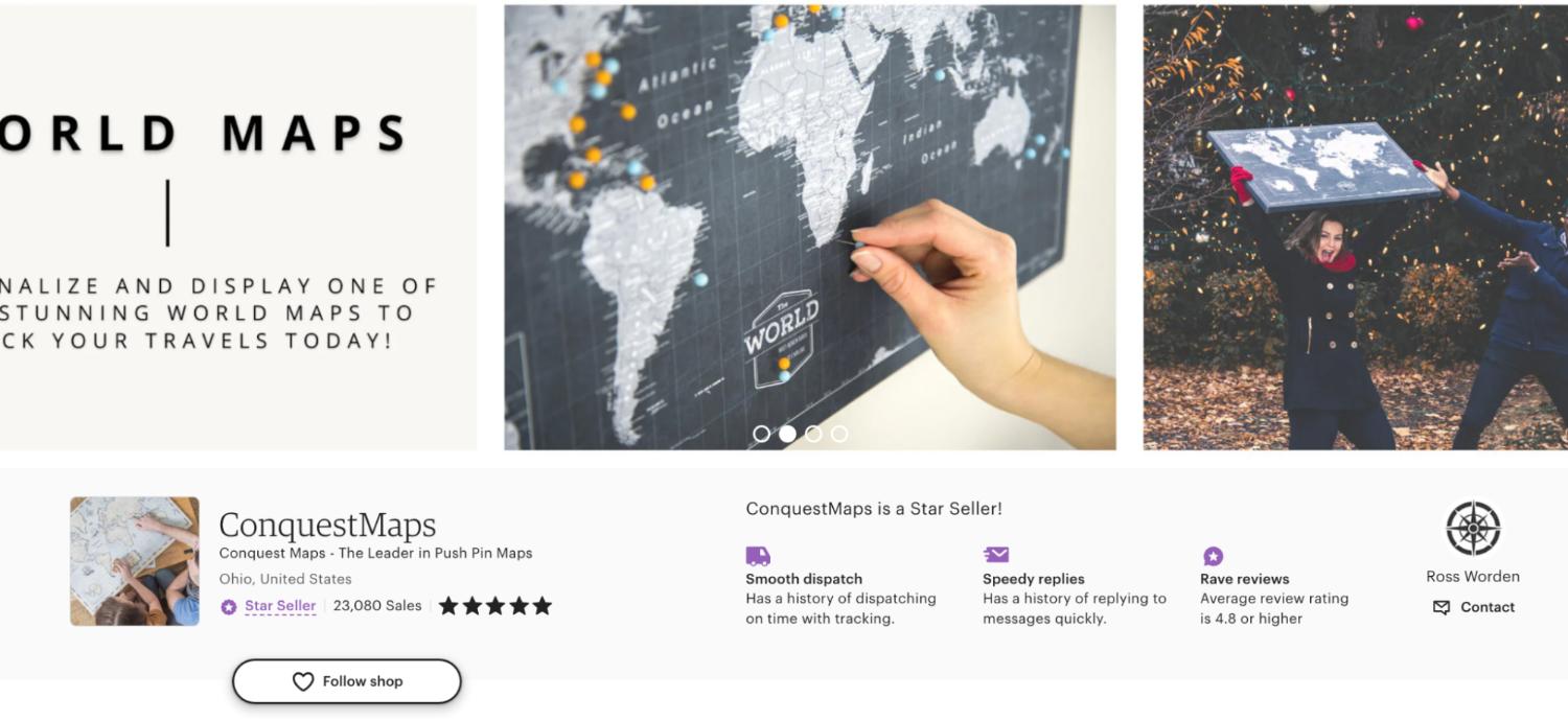 Conquest Maps como nome de loja na Etsy.