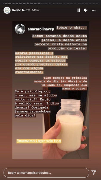 Captura de tela de celular mostra um story do Instagram, onde a conta da Mama+ compartilhou um story de uma cliente satisfeita com o produto adquirido. No story, há uma mamadeira cheia de leite.