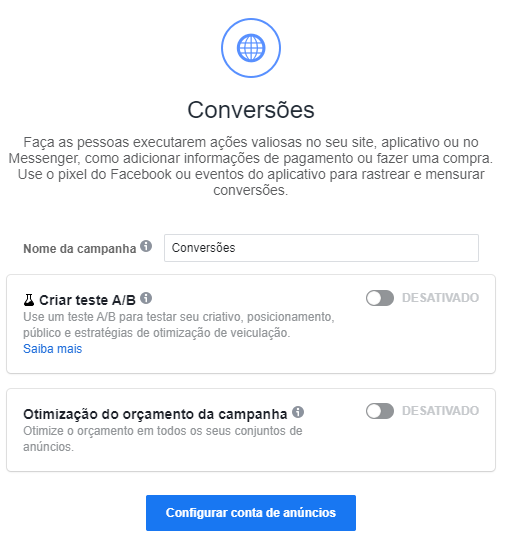 Facebook Pixel: captura de tela para criar campanha de conversão