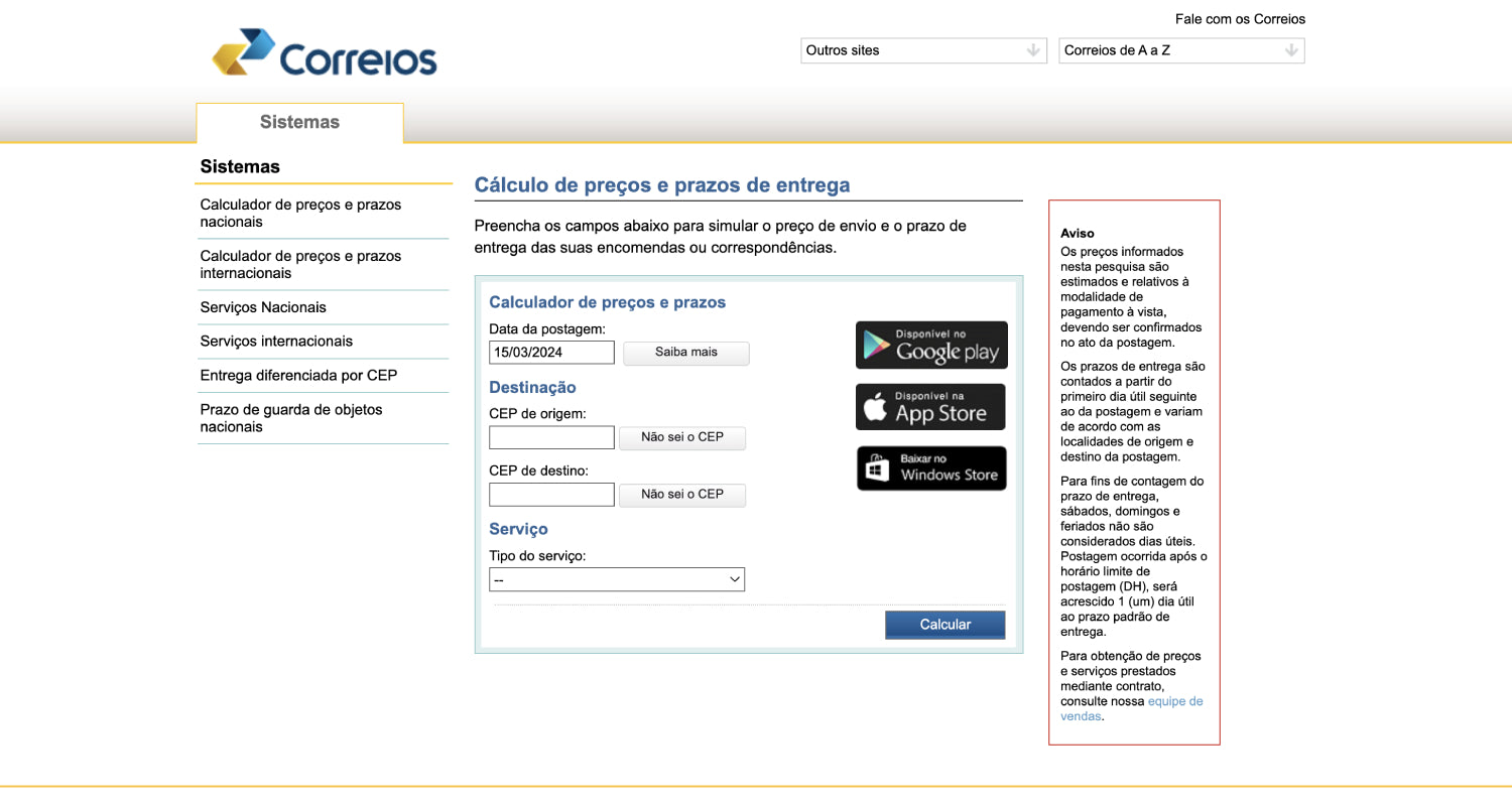 Como calcular o preço e o prazo de envio pelos Correios