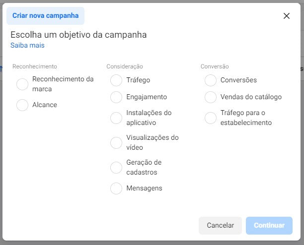 Captura de tela para definir um objetivo de campanha de anúncios do Facebook