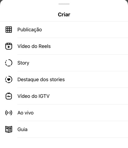 Print com as opções da aba "Criar" do perfil do Instagram