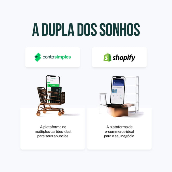 Imagem tem como título A dupla dos sonhos. Abaixo do título, estão o logo da Conta Simples e o da Shopify, lado a lado. Abaixo do logo da Conta Simples, lê-se A plataforma de múltiplos cartões ideal para seus anúncios. Abaixo do logo da Shopify, à direita, lê-se A plataforma de e-commerce ideal para seu negócio.