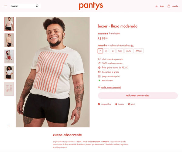 Captura de tela de artigo sobre mês do orgulho LGBTQIA+ mostra a página de produto da cueca absorvente da Pantys. À esquerda, há uma foto de um homem trans usando a cueca absorvente e uma camiseta branca. À direita, lê-se o nome do produto boxer - fluxo moderado.