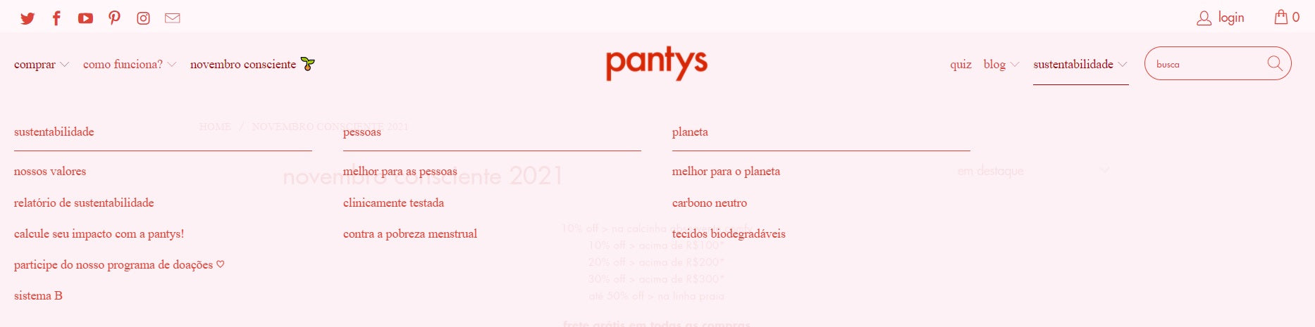 Print da aba "sustentabilidade" do site da Pantys