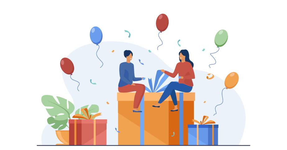 Ilustração de duas pessoas com presentes e balões representando datas comemorativas no e-commerce