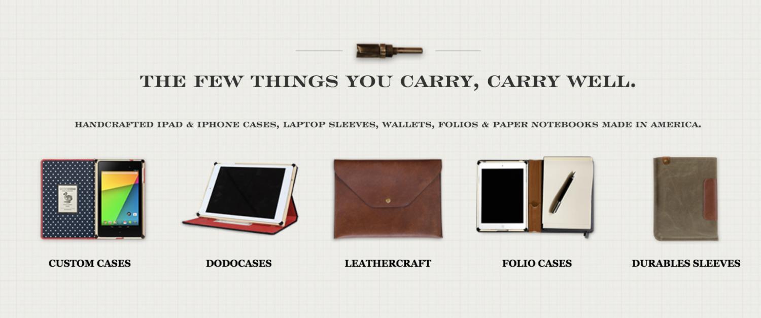 Exemplo do site da DODOCase, dividindo os produtos em categorias, com capas personalizadas para celulares e iPads