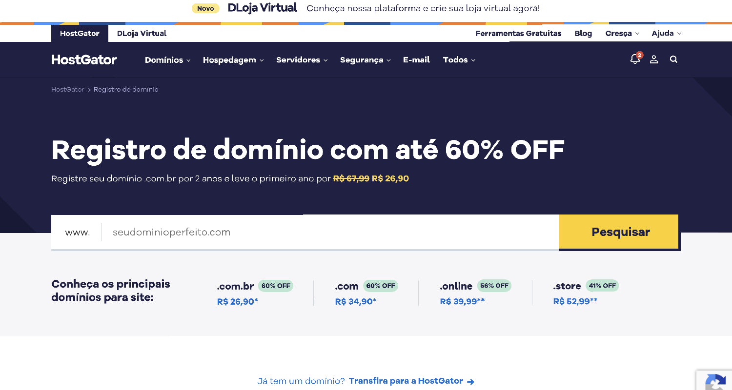 Melhores sites para registrar domínio - Hostgator