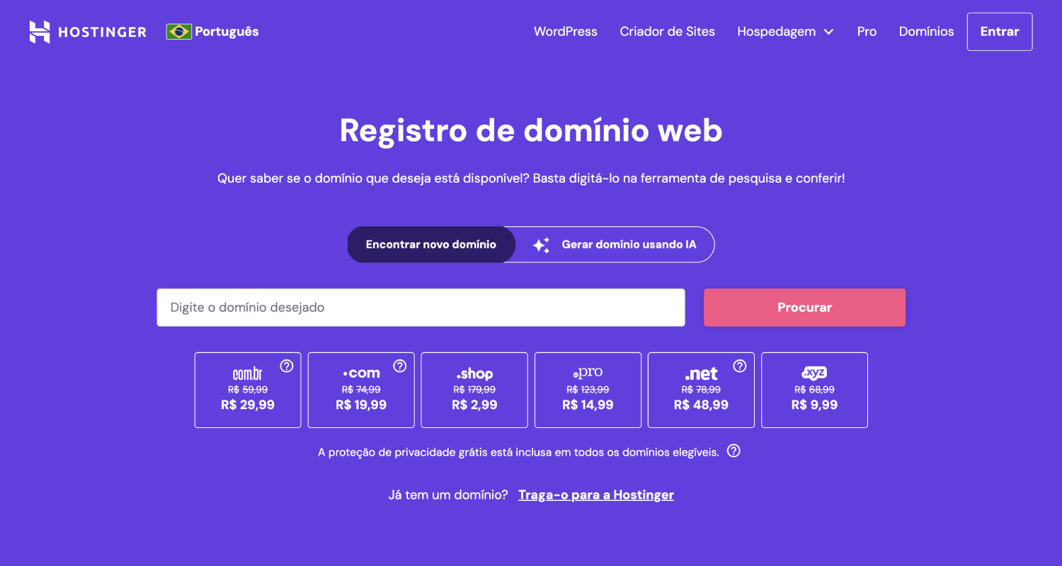 Melhores sites para registrar domínio - Hostinger