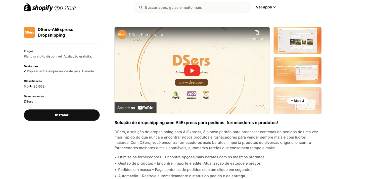 App da Dsers na Shopify Store.