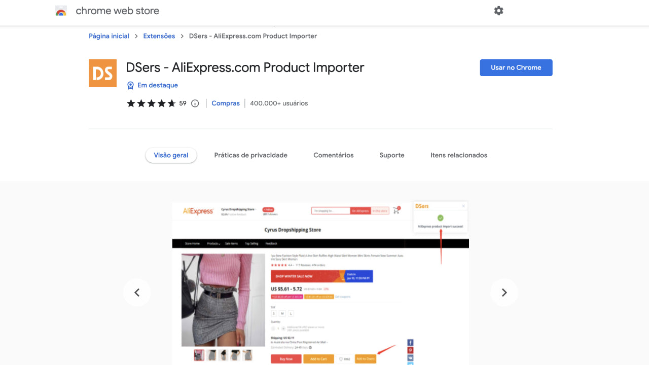 Extensão do Chrome: Dsers - AliExpress Product Importer