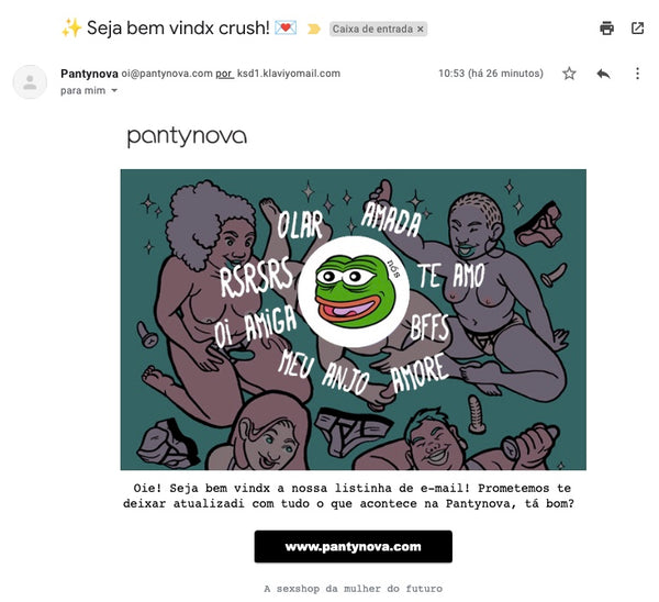 Captura de tela para artigo sobre mês LGBTQIA+ mostra o e-mail de boas vindas da newsletter da pantynova. O título do email é Seja bem-vindx crush. No corpo da mensagem, lê-se Oie! Seja bem-vindx à nossa listinha de e-mail. Prometemos te deixar atualizadi com tudo que acontece na Pantynova, tá bom?