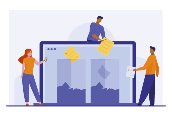 Ilustração de como criar uma boa newsletter mostra três pessoas em torno de uma tela de computador gigante. As pessoas estão colocando papéis de votação em duas urnas diferentes que estão na tela.