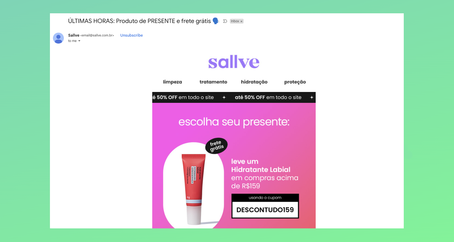 Marketing de escassez - liquidação por curto prazo via email da Sallve