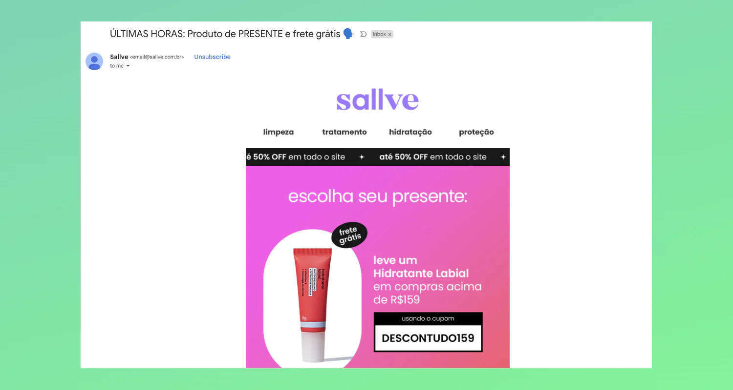 Marketing de escassez - liquidação por curto prazo via email da Sallve