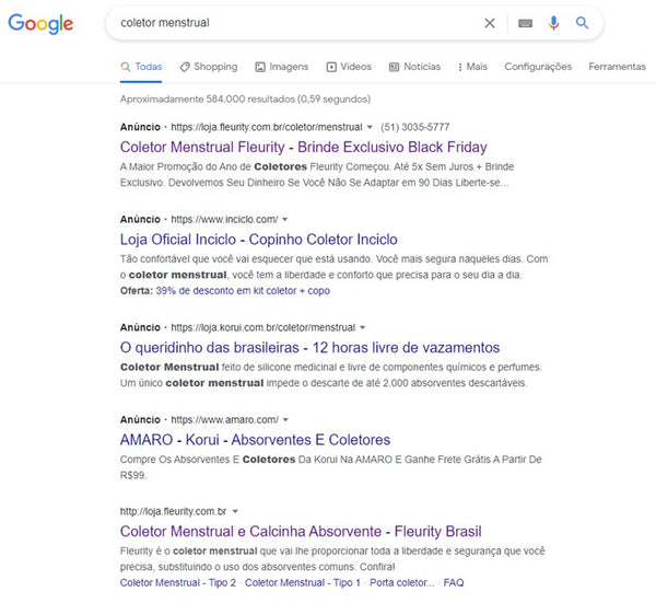 Resultados da busca do Google para coletor menstrual