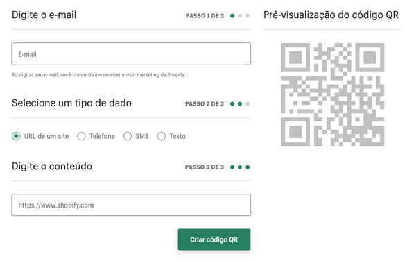 Captura de tela do gerador de QR code da Shopify