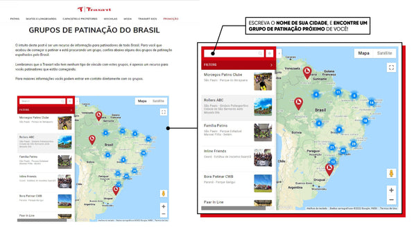 Captura de tela mostra como, após migrar para Shopify, a Traxart conseguiu implementar um mapa que mostra os grupos de patinação pelo Brasil. À esquerda, lê-se Grupos de patinação do Brasil. À direita, há um campo acima de um mapa do Brasil, onde se lê Escreva o nome de sua cidade e encontre um grupo de patinação próximo de você.