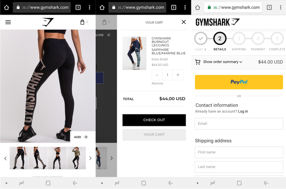 Captura de três telas colocadas lado a lado, mostrando o processo de checkout da Gymshark em dispositivos móveis