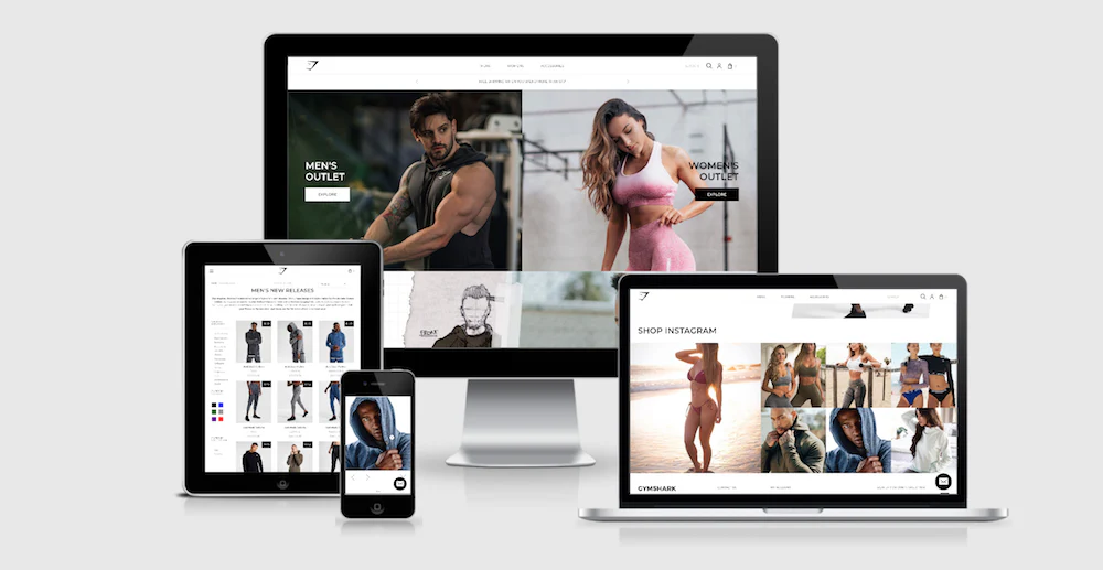 Site da Gymshark exibido em várias telas, dispositivos e formatos diferentes