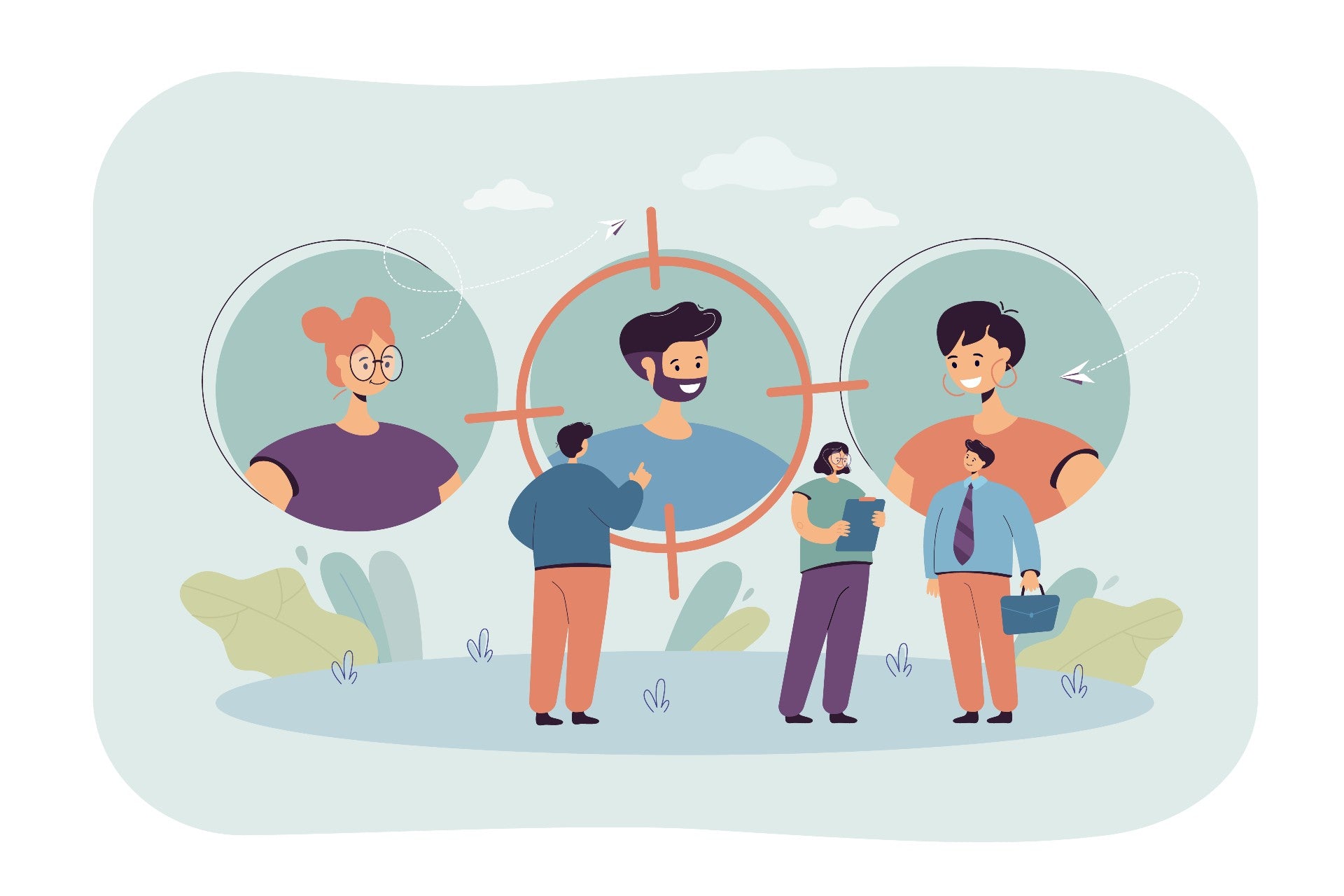 Ilustração de profissionais de marketing analisando círculos com diferentes perfis de clientes, representando a vantagem de personalização do headless commerce.