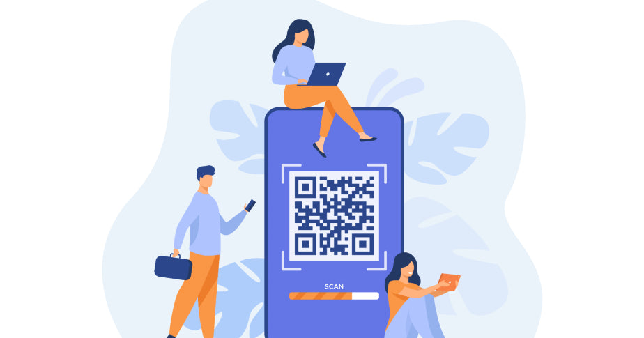 Ilustração com três pessoas em miniatura em torno de um celular com QR code