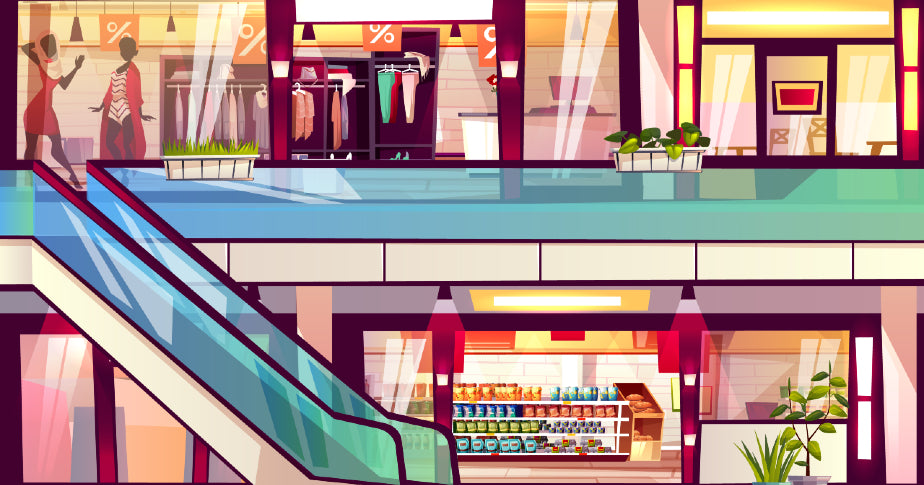 Ilustração com vitrines em um shopping center e escada rolante