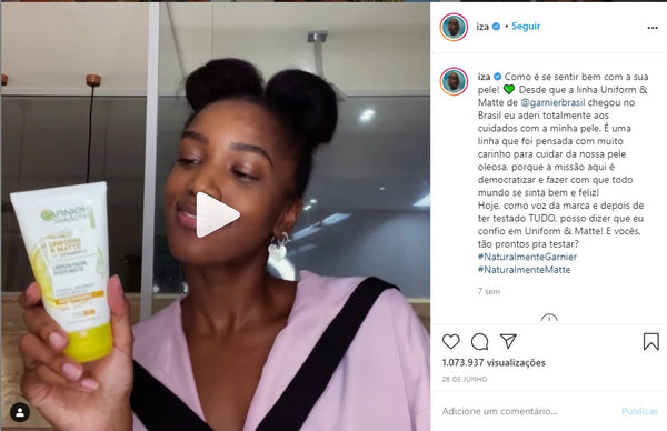 Vídeo do Instagram da Iza divulgando produtos da Garnier Brasil