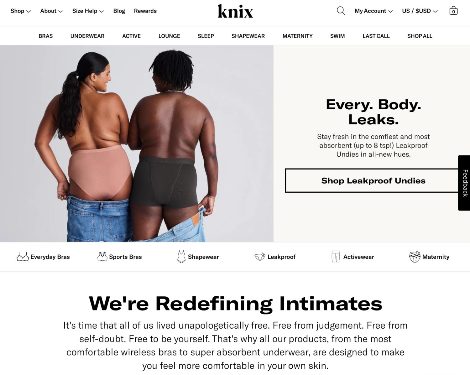 site da marca Knix, exibindo dois modelos de costas e usando roupas íntimas da marca, que pretende deixar os clientes mais confortáveis com os produtos, que variam de sutiãs do dia a dia, sutiãs esportivos, shapewear, roupas ativas, lingerie de maternidade e roupas íntimas à prova de vazamentos.