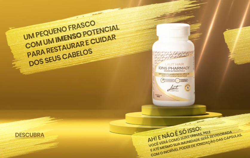 Captura de tela do site da Laut Cosmetique, com frases para vender produtos em um fundo amarelo