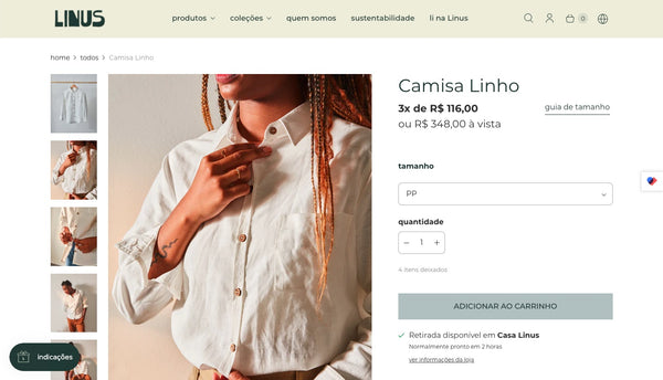 Captura de tela mostra o produto Camisa Linho sendo vendido no e-commerce da Linus. Na foto do produto, há uma pessoa vestindo uma camisa de linho na cor branca. A foto foca na camisa, e a pessoa está ajeitando a gola da camisa.