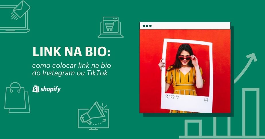 Título Link na Bio com fundo verde e caixa de destaque ao lado simulando um post de rede social, com uma mulher contra fundo vermelho