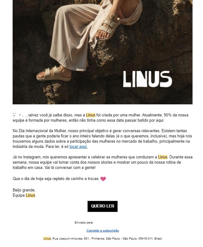 Newsletter da Linus enviada em março, marcando o Dia Internacional da Mulher.