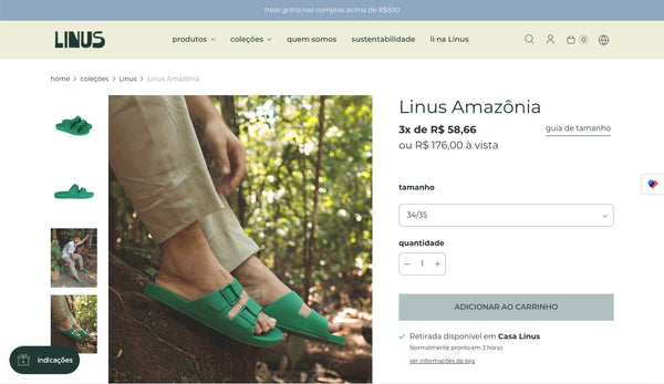 Captura de tela mostra o produto Linus Amazônia, que é uma sandália Linus na cor verde vibrante. O produto está disponível na loja virtual da Linus.