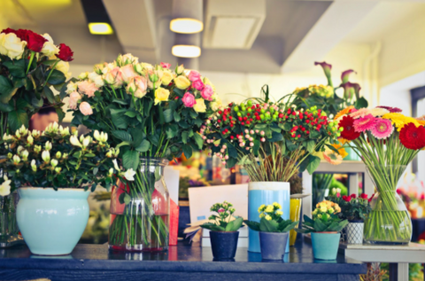 Arranjos de flores em vasos variados em uma bancada