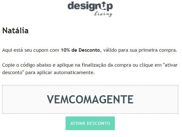 Mensagem de saudação para clientes: e-mail de boas-vindas da DesignUP Living