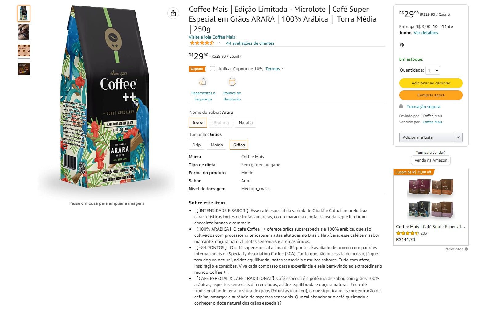 o que vender na amazon - veja o exemplo de página de produto da coffee mais